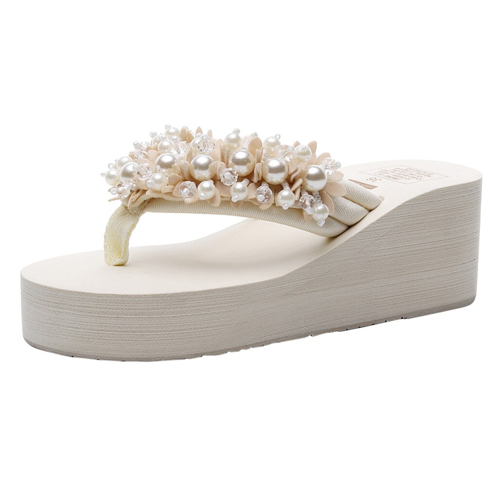 SAGACE Beach Slippers Women Rhinestone Pearl Boho Wedge Shoes Summer Bohemian Style Women Open Toe Breathable Beach Sandals: Beige / 36