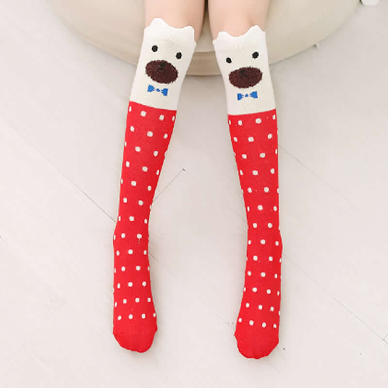 Chaussettes hautes en coton pour enfants, motif dessin animé, imprimé chat, renard: Red dot dog