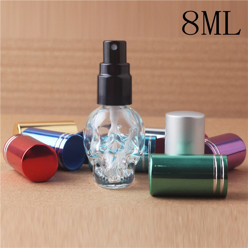 1 stuks 8 ml 3D Schedel Reizen Parfum Flessen MIni Navulbare Parfum Verstuiver Draagbare Glazen Fles met 10 colours