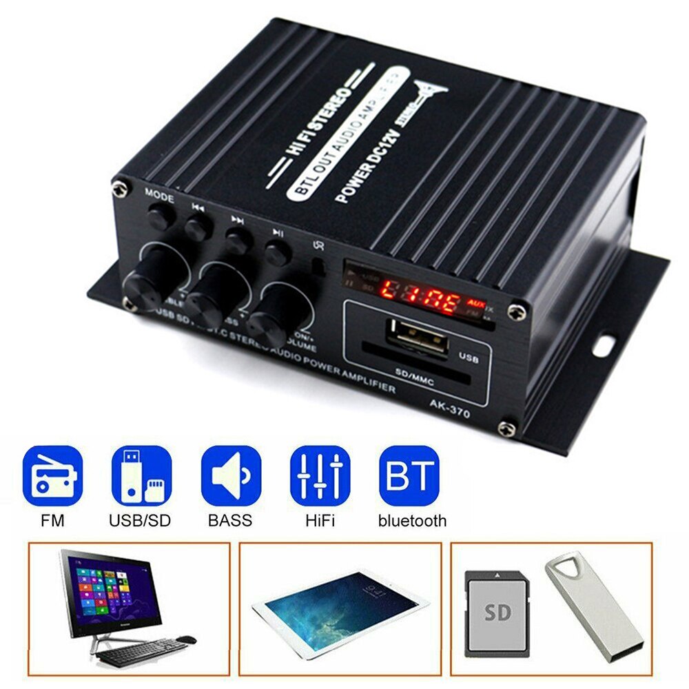 AK370 2.0 Channel Bluetooth Digital Power Amplifier 200+20W Mini HiFi Stereo Audio Class D Car Subwoofer Amplifiers