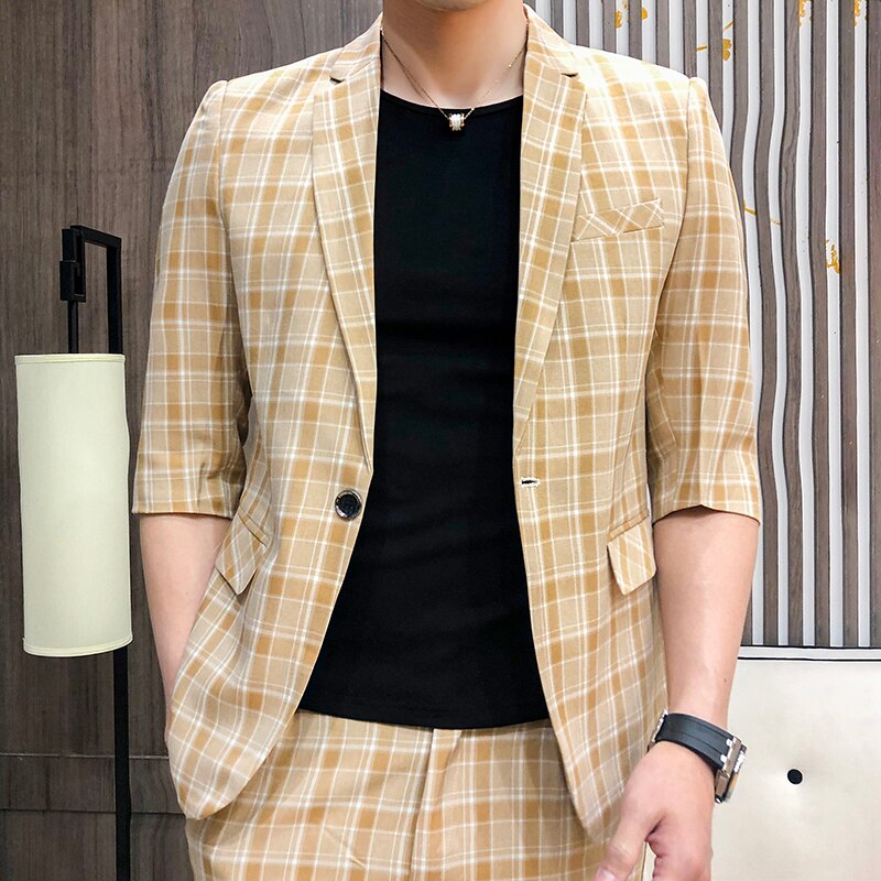 Men's Half Sleeve Blazer Suit Two Piece Set Jacket Pants British Style Slim Fit Plaid Business Dress Coat Trousers