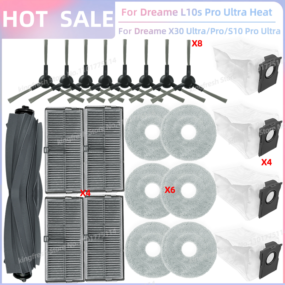 Compatible avec (Dreame L10s Pro Ultra Heat / X30 Ultra / L10s Ultra Gen 2 , Mova E30 Ultra) Pièces Rouleau principal Brosse latérale Filtre Chiffon de nettoyage Sac à poussière Accessoires: Bleu
