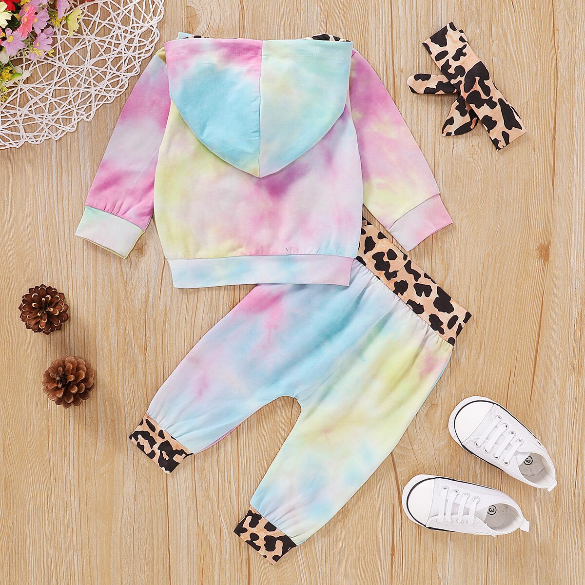 Herfst lente baby jongens grils 3m-24m tie dye kleding pakken peuter baby luipaard zak capuchon top sweatshirt + broek 3 stuks set