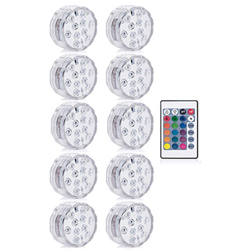 Lámpara sumergible de luz subacuática con Control remoto, decoración con batería, multifunción, a todo Color, sumergible, resistente al agua: 10 lamp 1controller