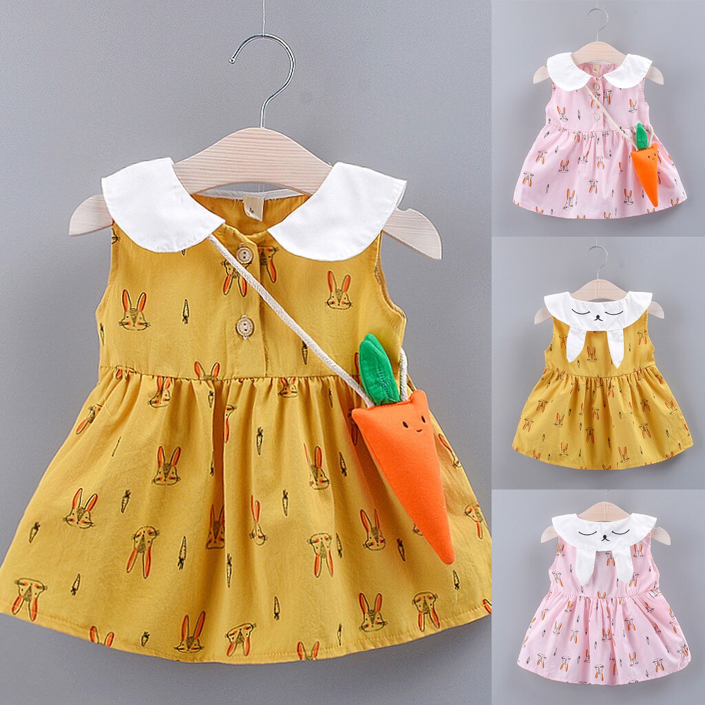 Peuter Meisjes Jurk Kid Baby Zomer Jurken Cartoon Konijn Print Mouwloze Jurk + Wortel Satchel Party Prinses Jurk Kleding