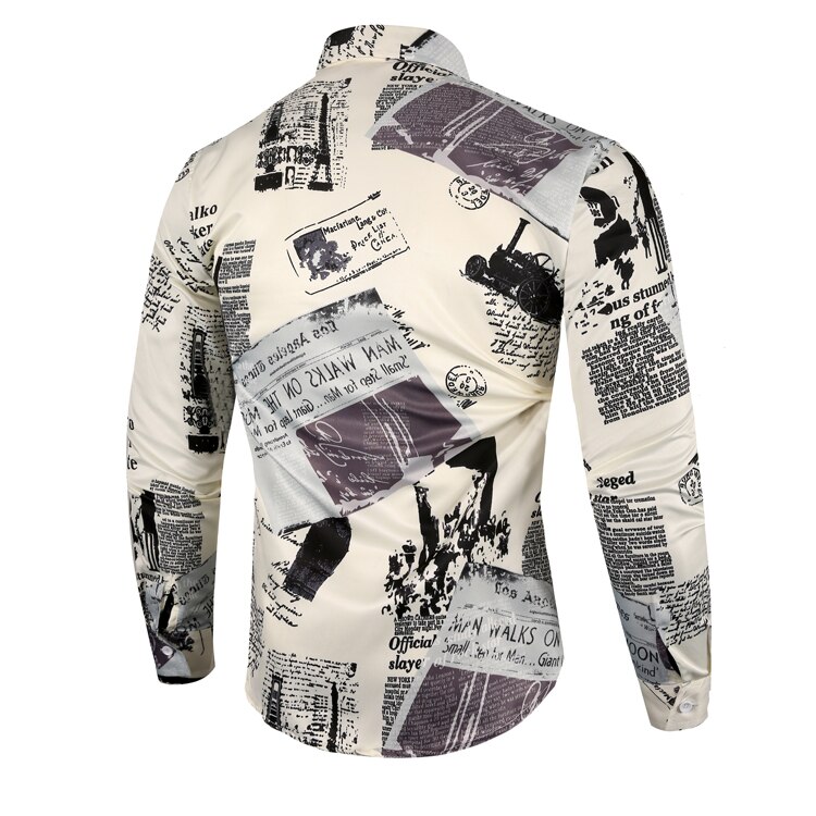 Vintage Shirts Mens Long Sleeve Korean Casual Newspaper Floral Print Social Camisas Dress Shirt Men Streetwear