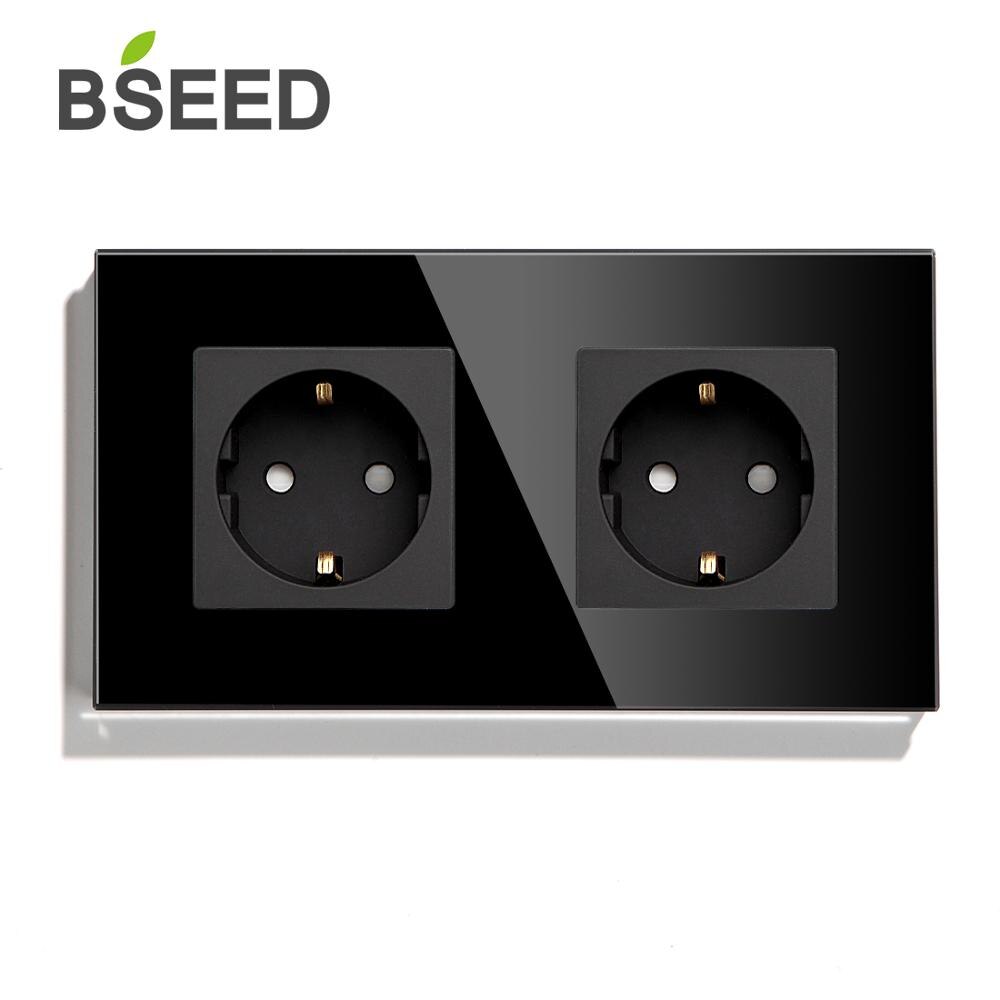 BSEED Europe Standard Double prise murale panneau de verre cristal prise électrique 3 couleurs blanc noir doré 110V 250V