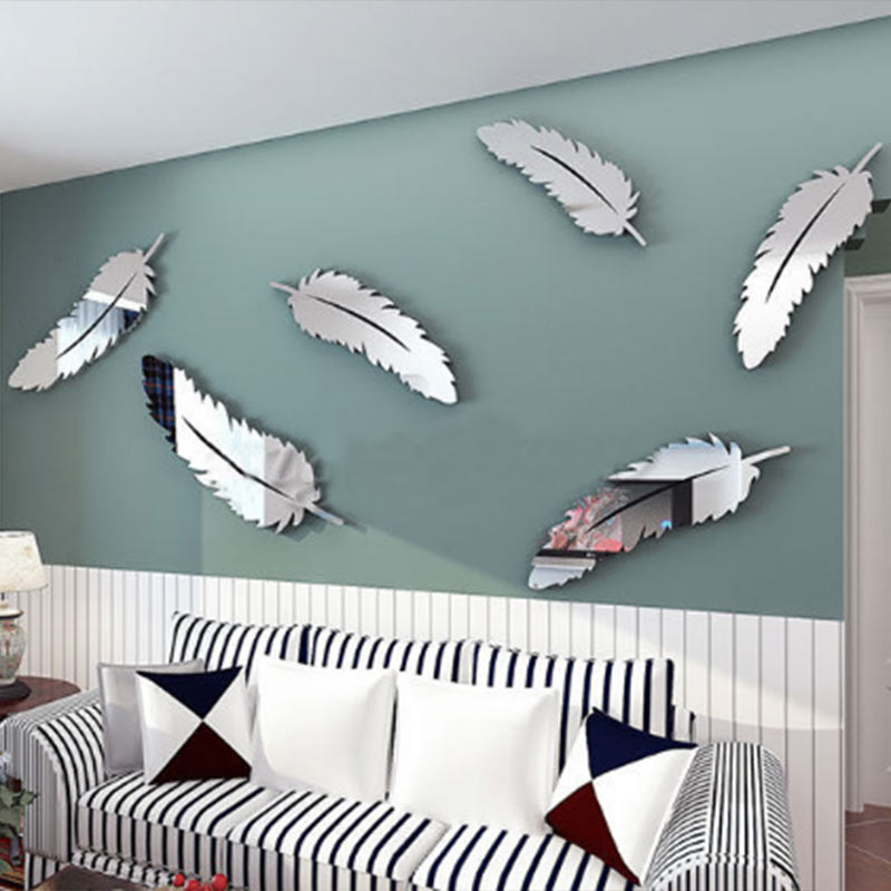 Silver DIY Acrylic Mirror Wall Stickers Feather For Living Room Bedroom Home Decals DIY Acrylic Decoration Wall Stickers