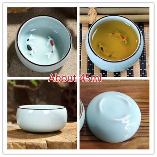 Celadon Chinese Kung Fu Thee Set Lotus Pu'er Thee Cups handgeschilderde Keramische Reliëf Draak Pioen Karper goudvis Thee Kopjes: Three-leg fish blue