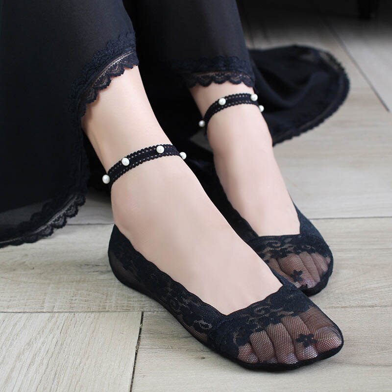 Calcetines cortos transpirables de encaje Floral para mujer, medias finas suaves de estilo coreano, con perlas, para primavera y verano, 1 par