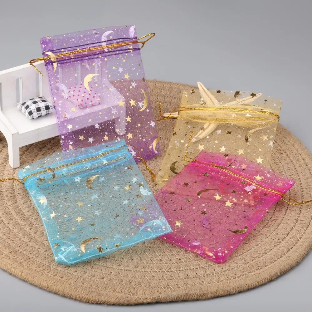 Sac en organza lune et étoile, pocommuniste multicolores pour fête de mariage, sac à bonbons, emballage de bijoux, 7x9 cm, 9x12 cm, 10x15cm, 50 pièces par lot