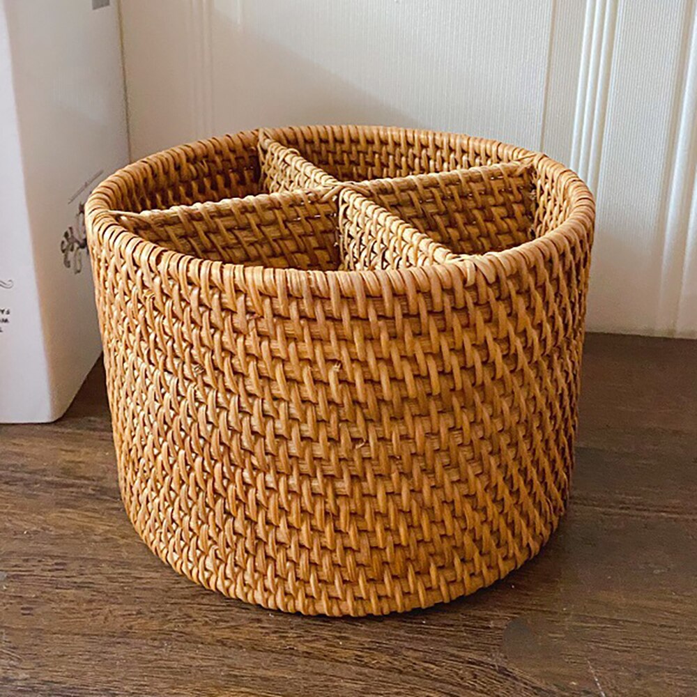 Hand-Woven Rattan Wicker Basket Desktop Storage Basket 4 Compartment Storage Boxes Storage Boxes Household Supplies