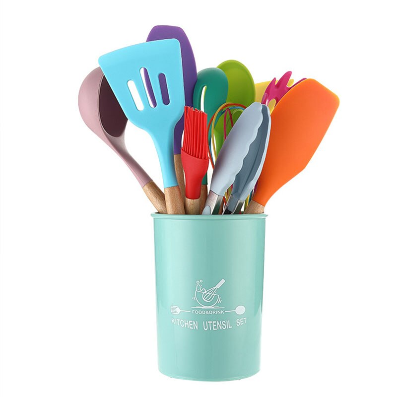 12 unids/set Color utensilios de cocina de silicona conjunto de madera de mango palo de utensilios de cocina espátula SpoonKitchen utensilios de cocina Gadgets