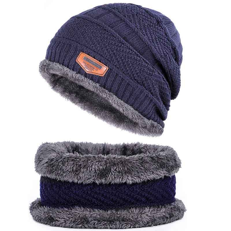 Vinter tyk varm strikket hat beanie hat fleece foret hals varmere tørklæde sæt til snowboard skiløb skøjteløb unisex: L