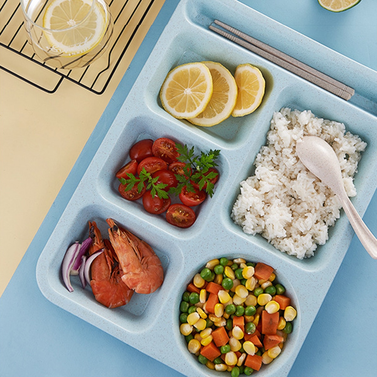 Portable Eco-friendly Wheat Straw 6-Compartment Lunch Container Food Meal Storage Picnic Tray with Fork Spoon & Chopsticks