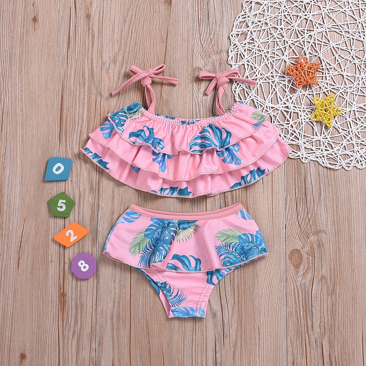 Mother Daughter Parent Child Swimsuit Floral Print Pink Ruffle Lovely Swimming Sports Beach Bikini Suit