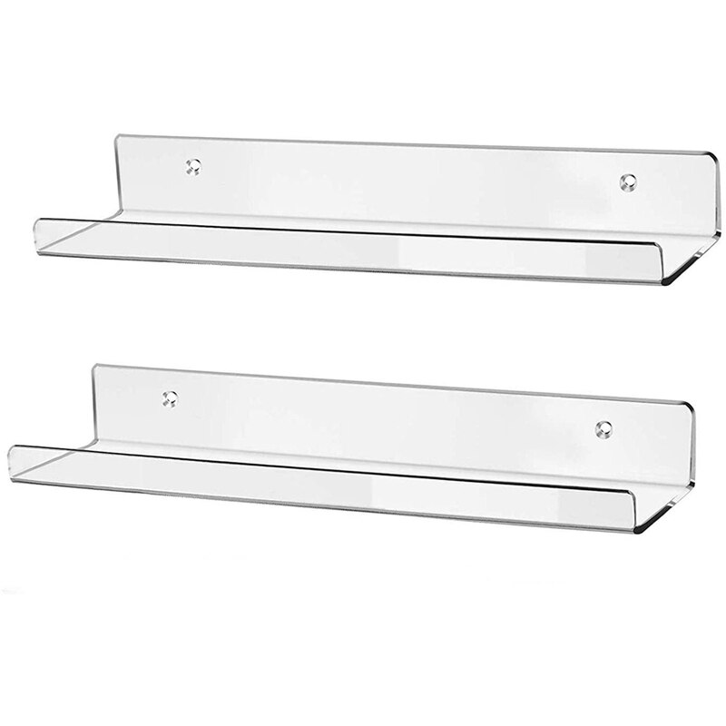 2 x 15 inch Clear Acrylic Floating Wall Ledge Shelf, Wall Mounted Nursery Kids Bookshelf, Thick Bathroom Storage Shelves