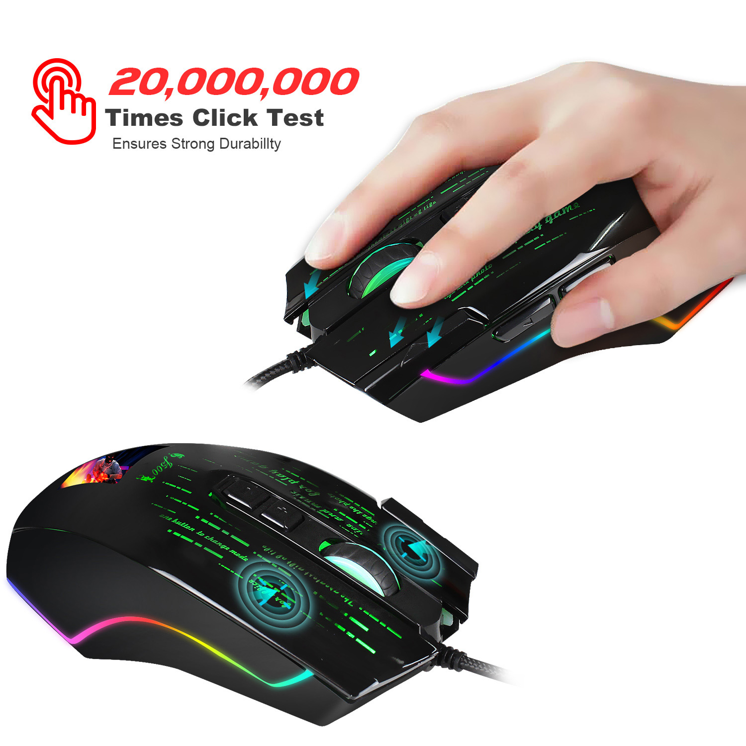 J500 Gaming Mouse USB 10000 DPI PMW3325 USB RGB Wired Mouse Gamer 9 Buttons Programmable Mice For Computer PC Can Photo Setting