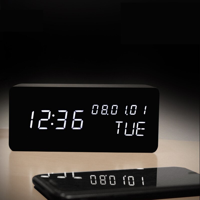 Wooden Snooze Table Digital Clock Bedroom Desk Electronic Clock with Date/Time/Week/Temperature Display Rectangle White Light