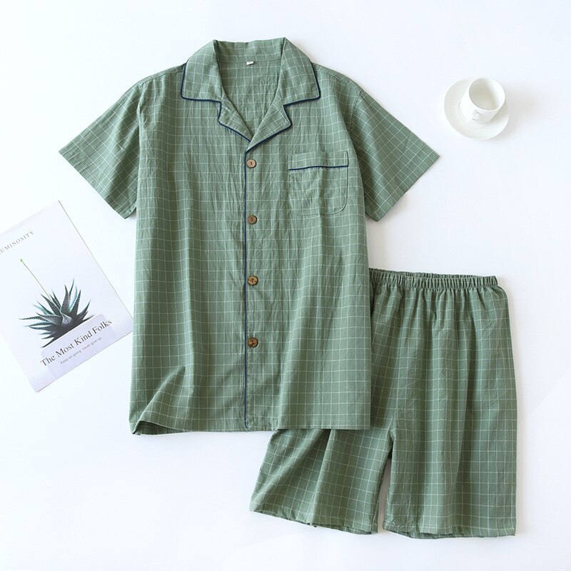 Novedad de verano, pijamas de dos piezas para parejas, pantalones cortos a cuadros de manga corta para hombres, 100% de gasa de algodón, conjunto sencillo de servicio doméstico para mujeres, ropa de dormir: M / Oro