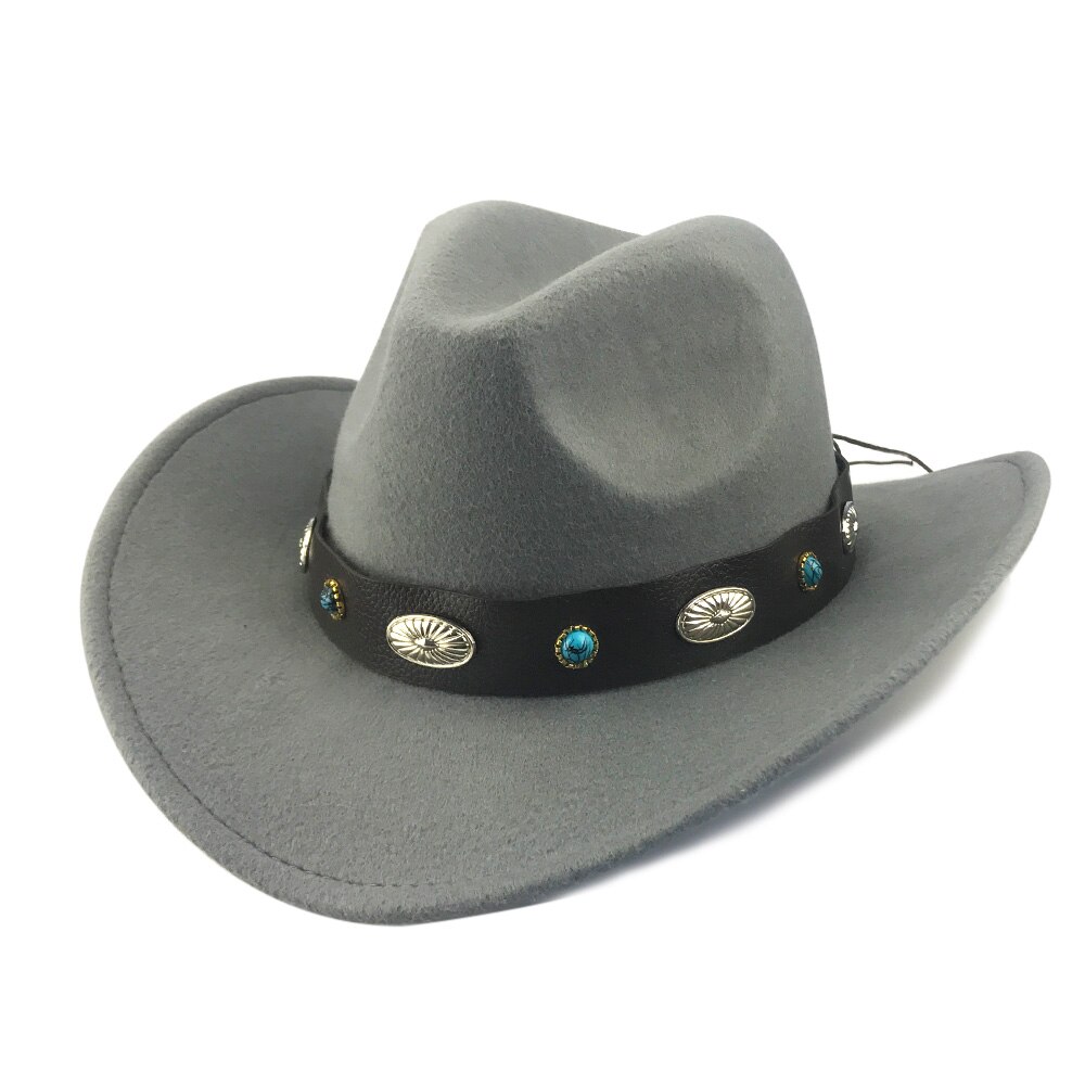 Yy retro vestlig cowboyhatt vinter med bredt metall pu lærbelte trilby caps menn kvinner rullebrett fedora jazz panama  yy20073: Grå cowboy retro