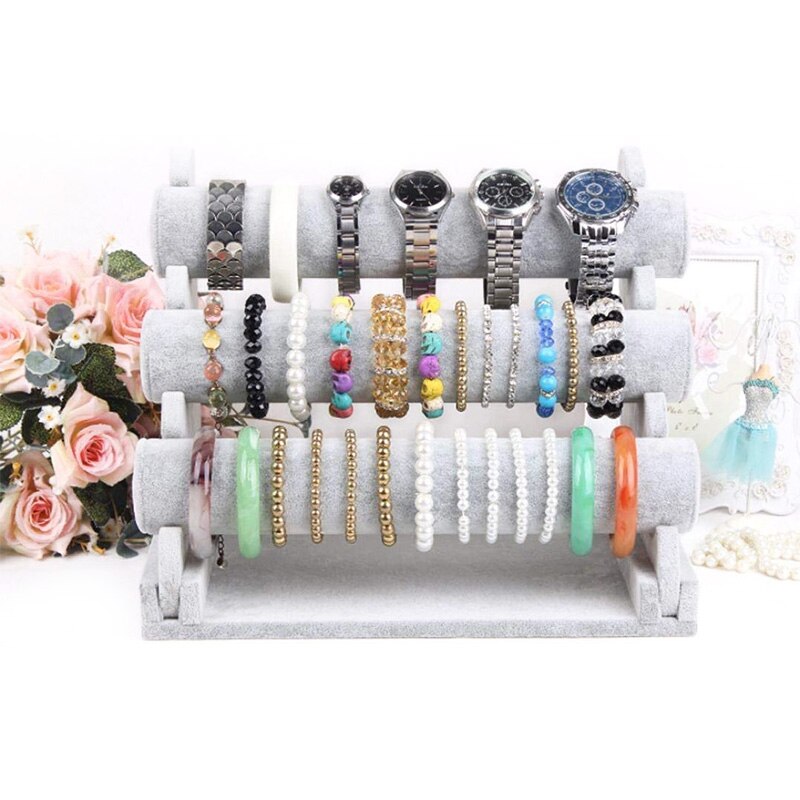 Triple Bracelet Holder Jewelry Display Stand Watch Bangle Bar Necklace Storage Organizer Gray