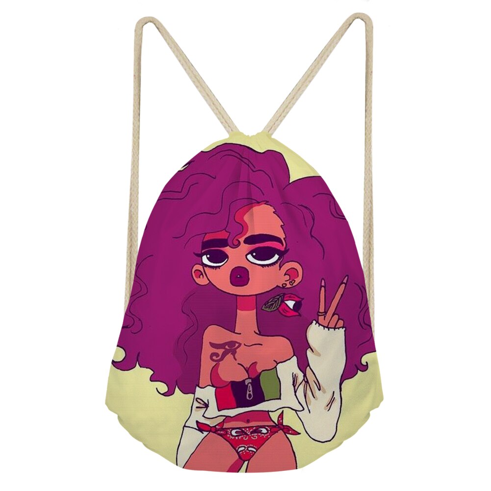 Sac à dos de voyage pliable pour femme africaine noire avec cordon de serrage, motif dessin animé rose, style afro, idéal pour ranger des objets de valeur: Cdzhl 886 z 3