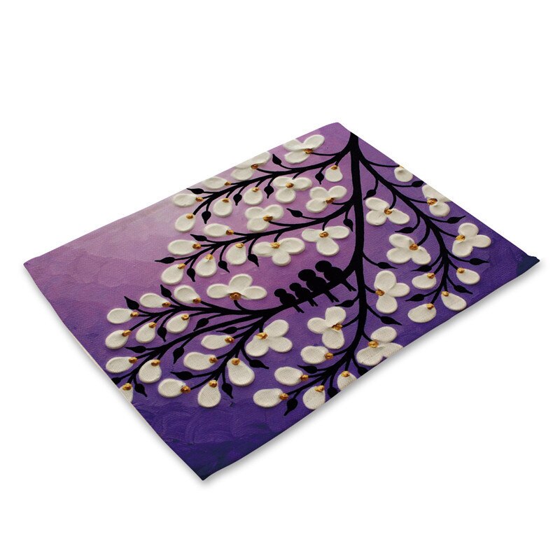 1Pcs Flower Tree Pattern Kitchen Placemat Dining Table Mat Drink Coaster Cotton Linen Pad Bowl Cup Mat 42*32cm Home Decor MP0016: T