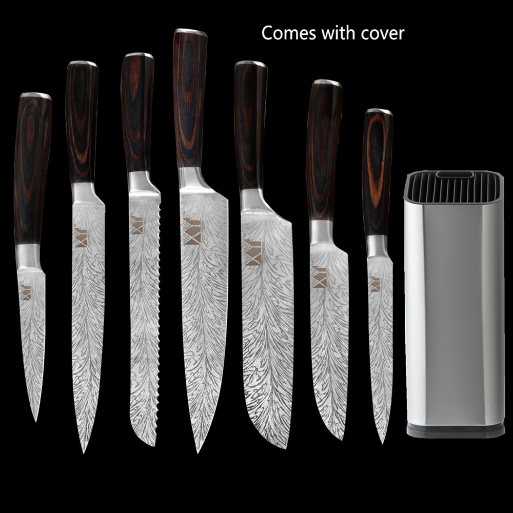 XYj Stainless Steel Kitchen Knives Set 8'' INCH Knife Storage Box Holder Damascus Pattern Veins Blade Full Tang Blade Accessory