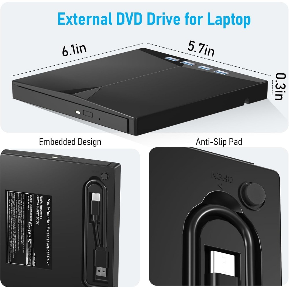 External CD DVD Drive Portable 7 in1 USB 3.0 CD ROM Player Burner CD/DVD Reader and Writer with 4 USB Ports and TF/SD Card Slot