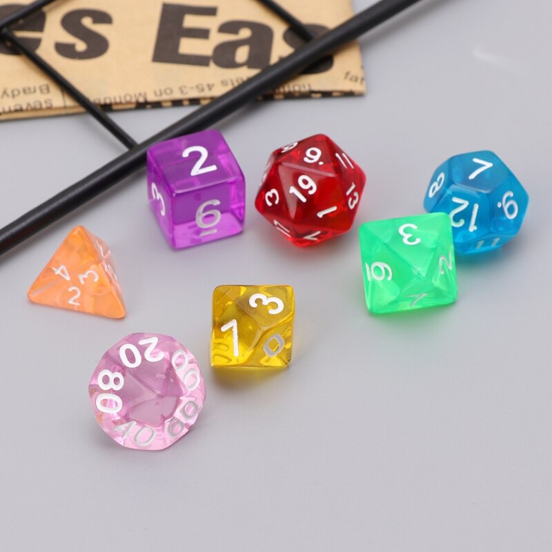 7 pçs/set colorido transparente acrílico dados trpg jogos D4-D20 multi-face dados