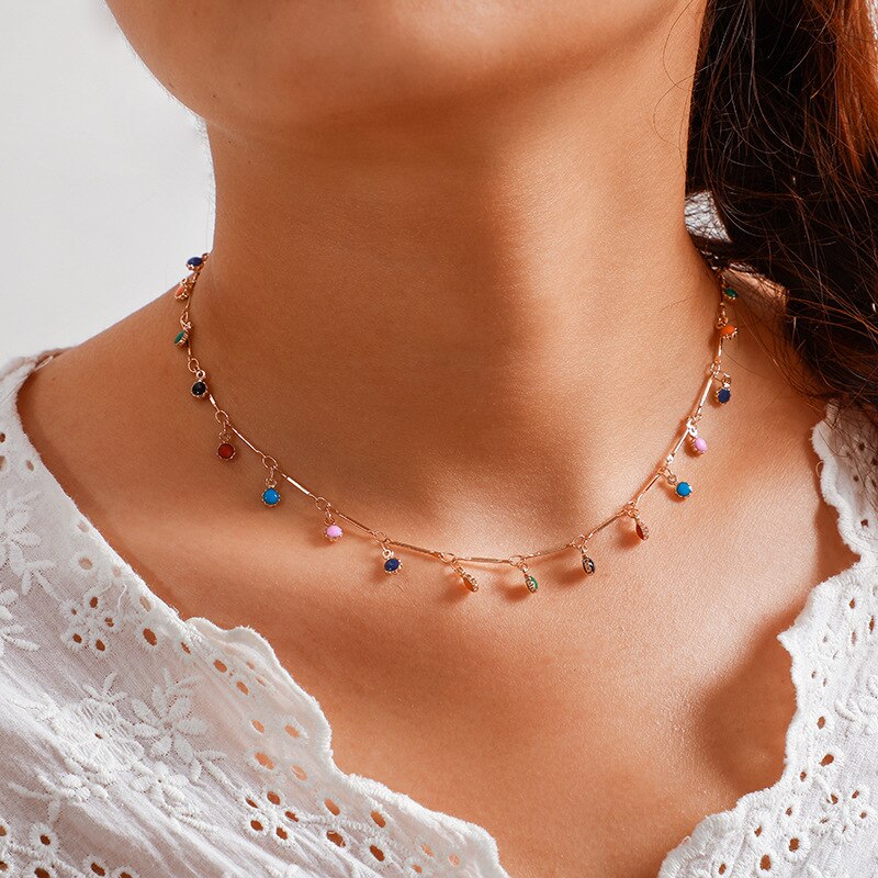 Gouden ketting voor dames, charmante kleurrijke stenen ketting, handgemaakte feestsieraden, kraagjes