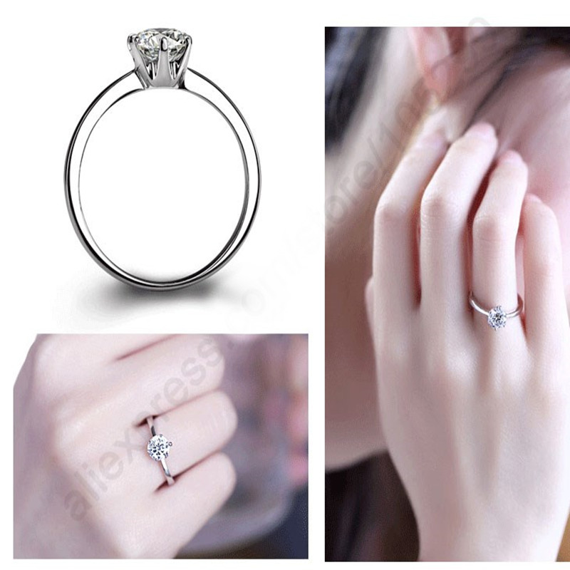 Elegante klassische echte 925 Sterling Silber Fingerringe Schmuck Kristall Kubische Zirkone 6 Krallen Frauen Hochzeit Anillos