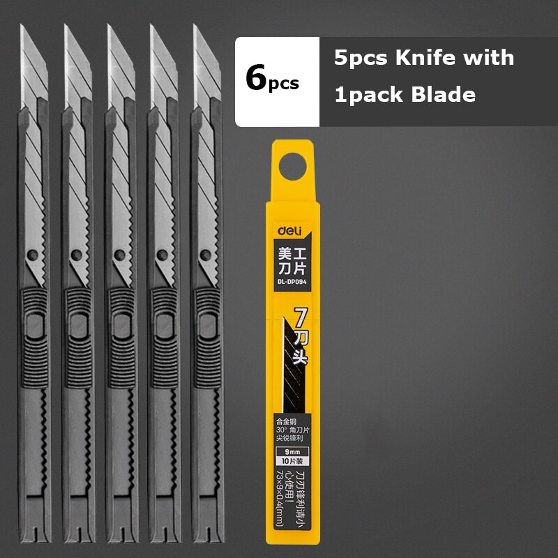 Deli Portable Aluminum Alloy Utility Knife 9MM нож Pocket Paper Unboxing Cutter with Metal Blade Self-locking Sharp Angle: 5Knife 1Blade