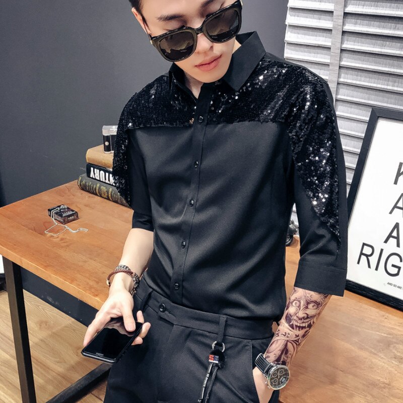 Paljett smoking skjortor män casual slim fit långärmad herr klänning skjortor nattklubb fest bal streetwear kläder social skjorta