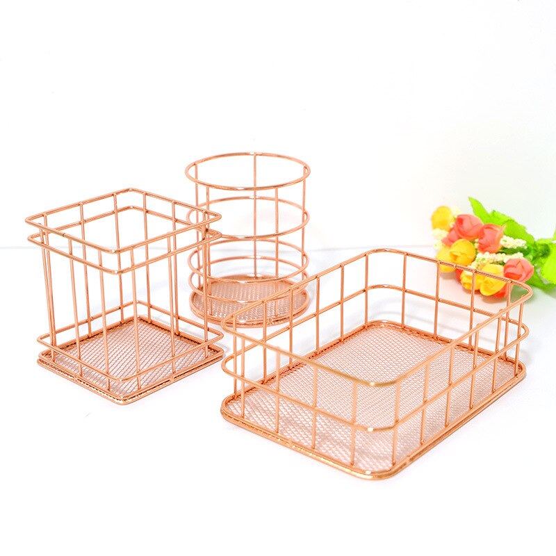 Panier de rangement en fer forgé Rose doré, panier de rangement en métal, porte-stylo, de bureau, de papeterie de finition