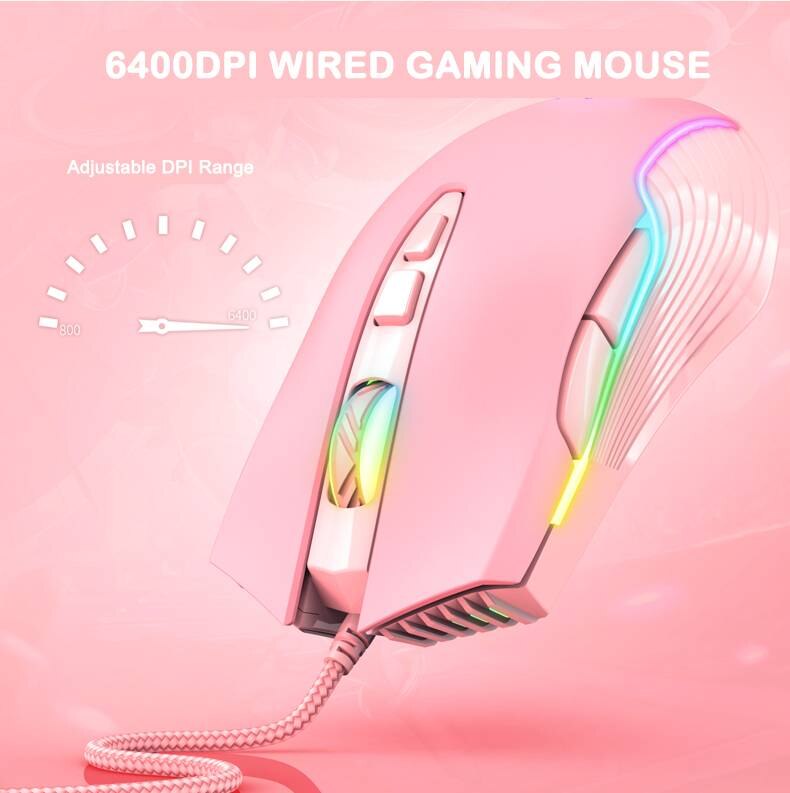 Onikuma CW905 Pink RGB Wired Gaming Mouse USB Game Mice 7 Buttons Breathing LED Colors for Laptop PC Gamer