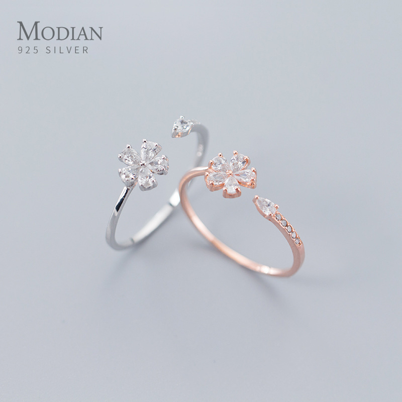 Modian äkta 925 sterling silver söt liten blomma växt fri storlek ring för kvinnor glittrande cz ring bröllop fina smycken