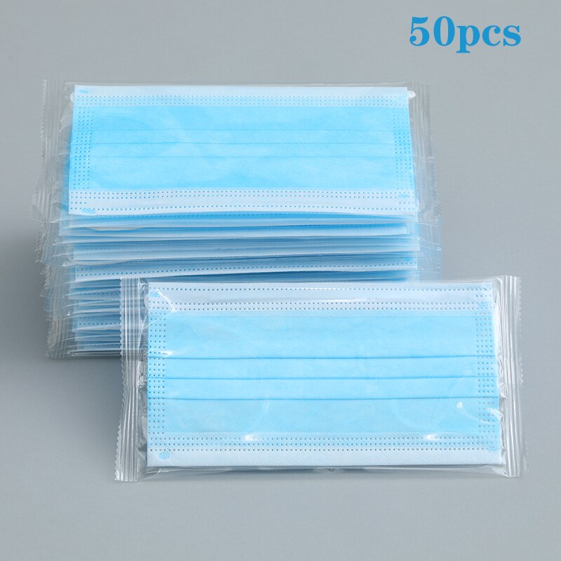 10/50/100 pièces masque facial emballage indépendant masque facial jetable masque de 3 couches Non-tissé fondu masque soufflé masque de couleur adulte: blue 50pcs