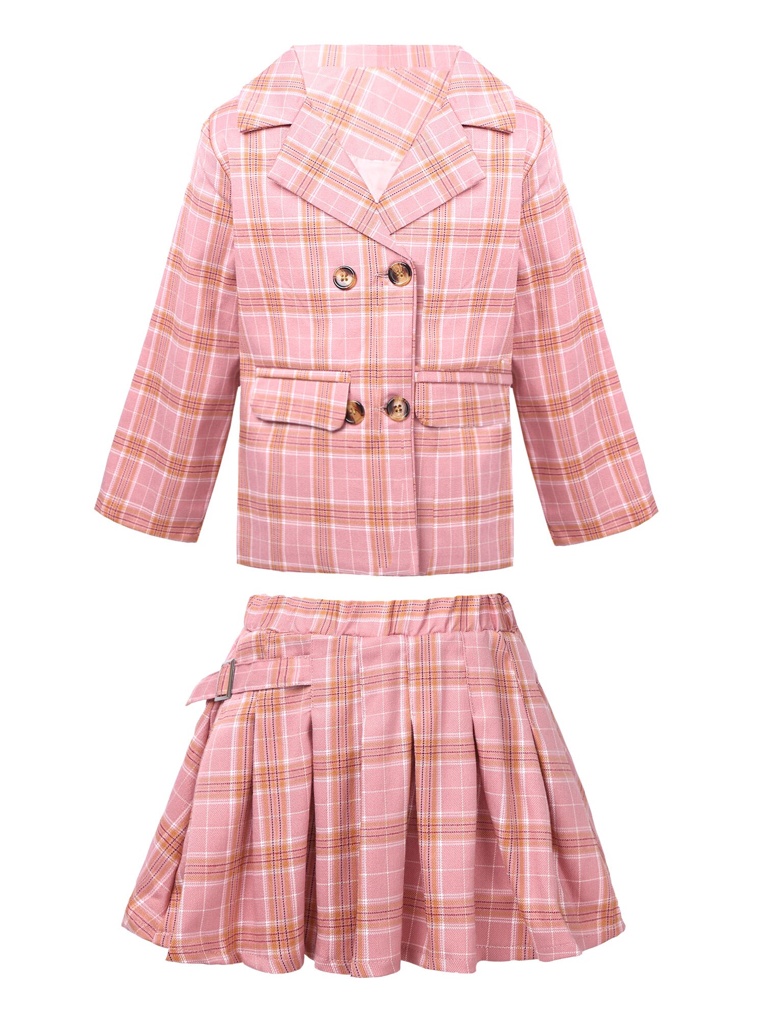 Kids Girls Clothes Set Plaid Suit School Uniform Long Sleeve Double-breasted Suit Top Pink Plaid Skirt Children Clothing Set: 110