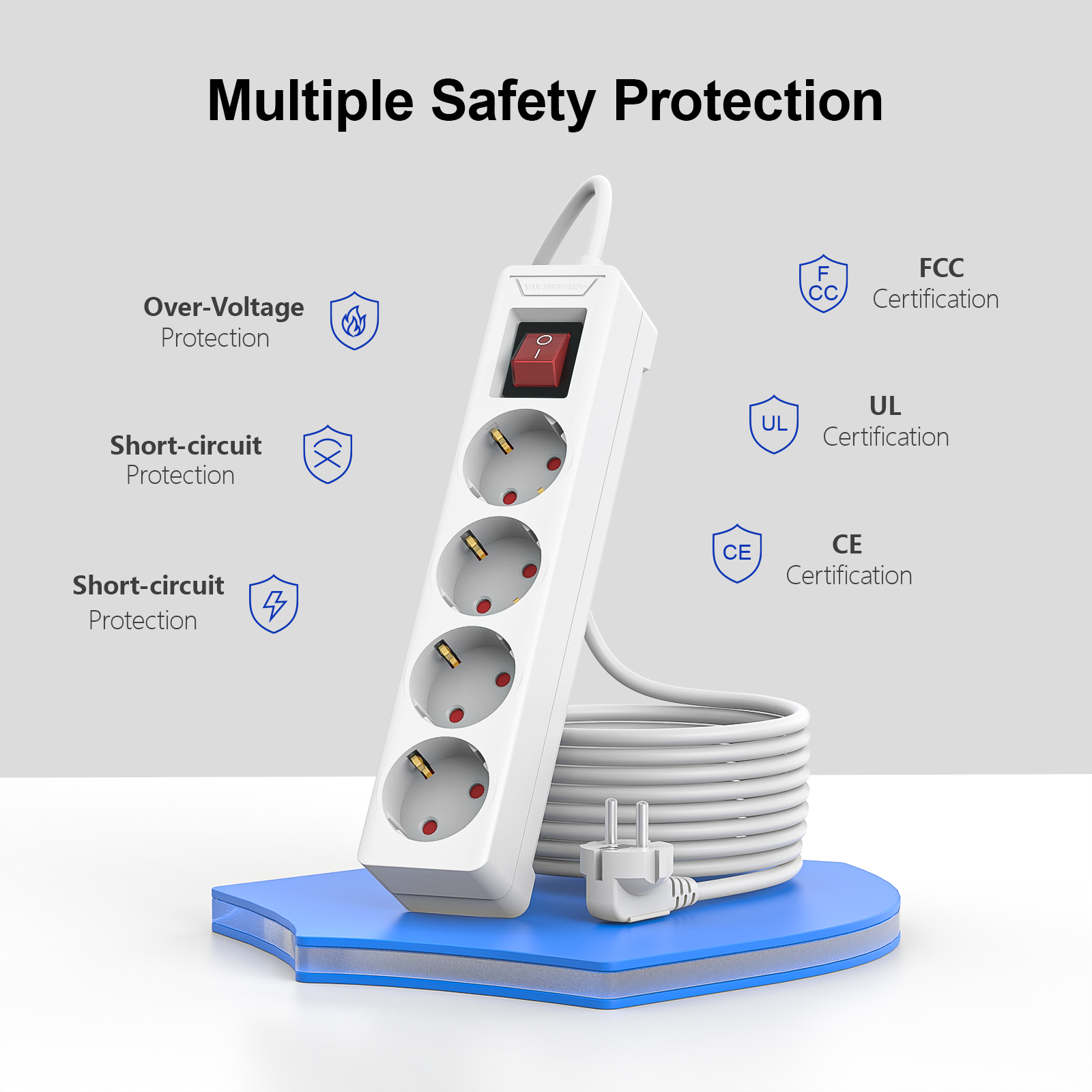 4-uitgang EU overspanningsbeveiliging stekkerdoos 1,5 m verlengsnoer AC-stopcontactadapter 4-stopcontactadapter met bescherming tegen overbelasting