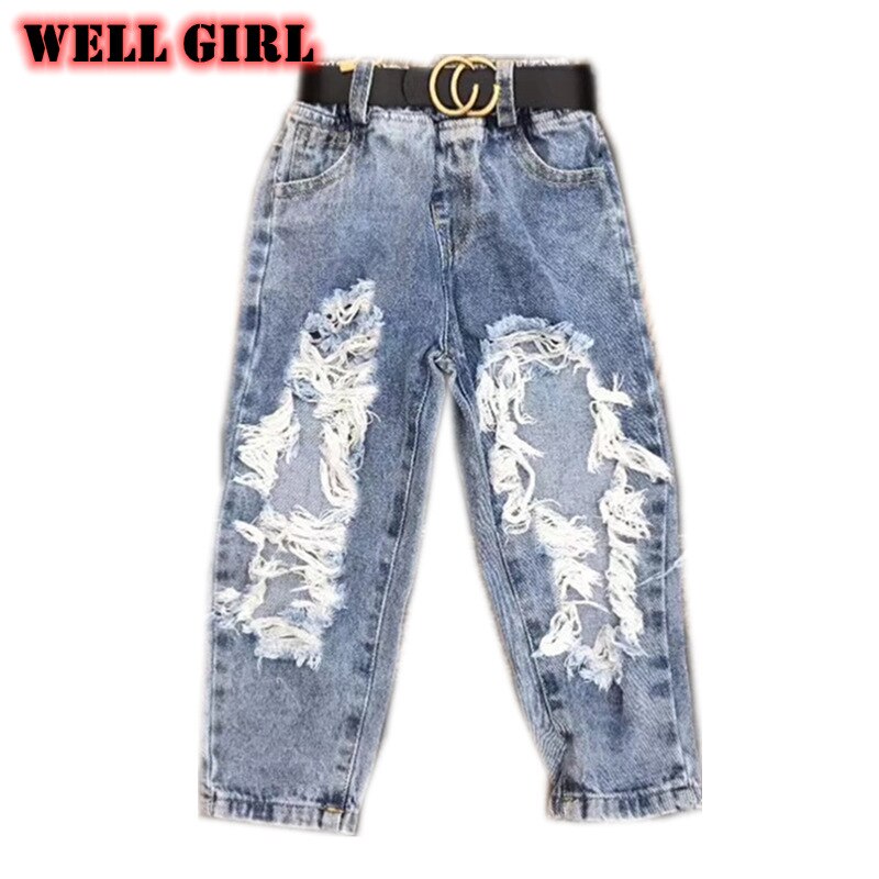 Pantalon en jean déchiré pour fille de 2 à 10 ans, bas streetwear en denim avec trous ajourés, ceinture avec glands