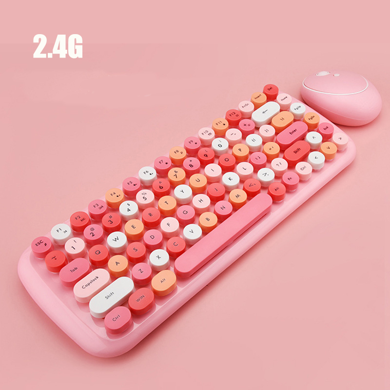 Combos Candy Color WIRELESS KEYBOARD Mouse PINK Girl Roud Keycap Gaming Keyboard for Notebook PC Girls Giftand: Pink