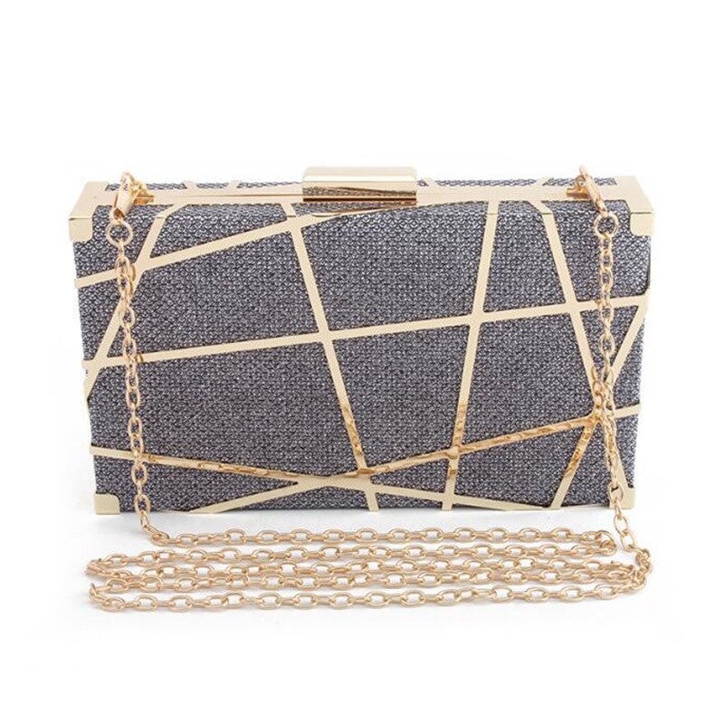 Mode Geometrische Hollow Out Patroon Vrouwen Avond Clutch Bag Vrouwelijke Metalen Ketting Handtas Dag Koppelingen Wedding Party Purse ZD1151: Gray