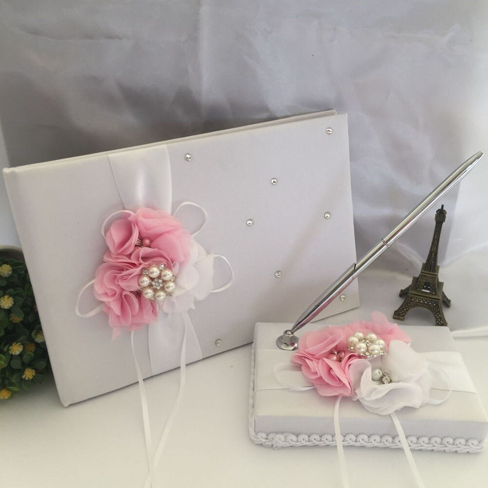Juego de bolígrafos para firmar libros de boda, flores de satén blanco, con bonitas cuentas de cinta HFing: Default Title
