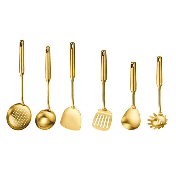 Luxury Golden Stainless Steel Kitchenware Cooking Tools With Storage Rack Kitchen Utensils Set Non-stick Cookware Spatula Spoon: 6 pcs set