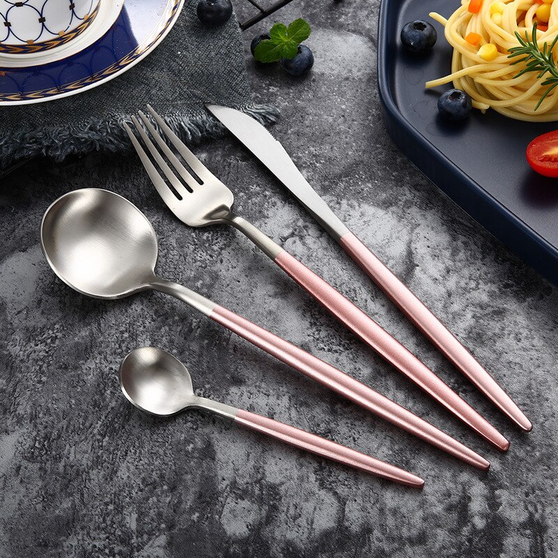 Kök rosa bestick servis set 304 rostfritt stål bestick hem gaffel sked kniv middag set lyx bestick set