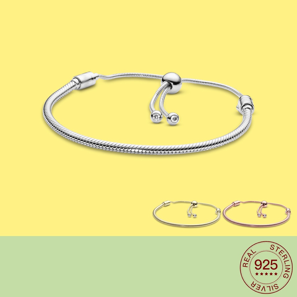 Pulsera de plata de ley 925 con abalorios, joyería de oro rosa, pulsera de CZ brillante para mujer, joyería DIY