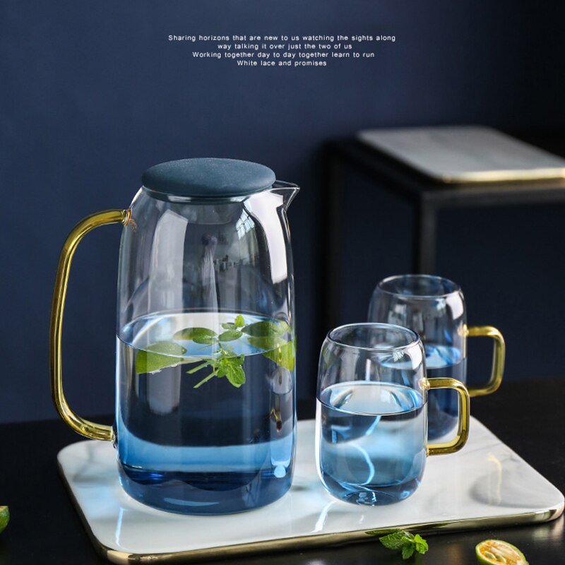 Water Jug Glass Water Pitcher Home Use Kettle Tea Pot Glass Water Jug With Handle for Boiling Cold Drink ware Glass Pitcher: 1 x kettle 2 x Cup