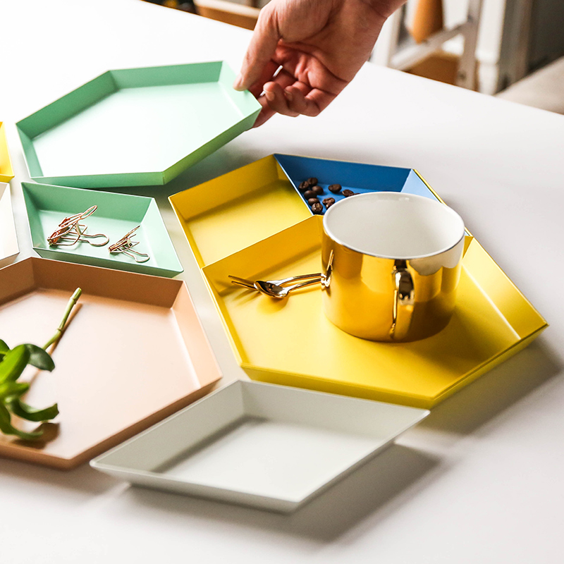 Coloré polygone bijoux plaque bureau combinaison plateau de rangement nordique géométrique diamant métal Hexagonal thé fruits bijoux plat